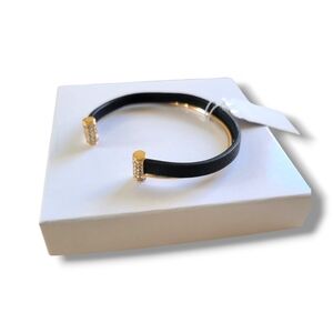 NWT Dainty Gold Tone Black Faux Leather Rhinestone Open Cuff Bracelet